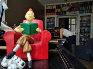 Tintin reading in the library